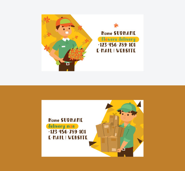 快递员矢量名片，送包裹鲜花的邮递员图片下载