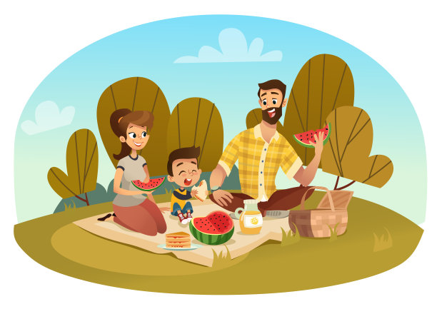 快乐的一家人在野餐。爸爸，妈妈，儿子在大自然中休息。矢量插图在一个平坦的风格图片下载