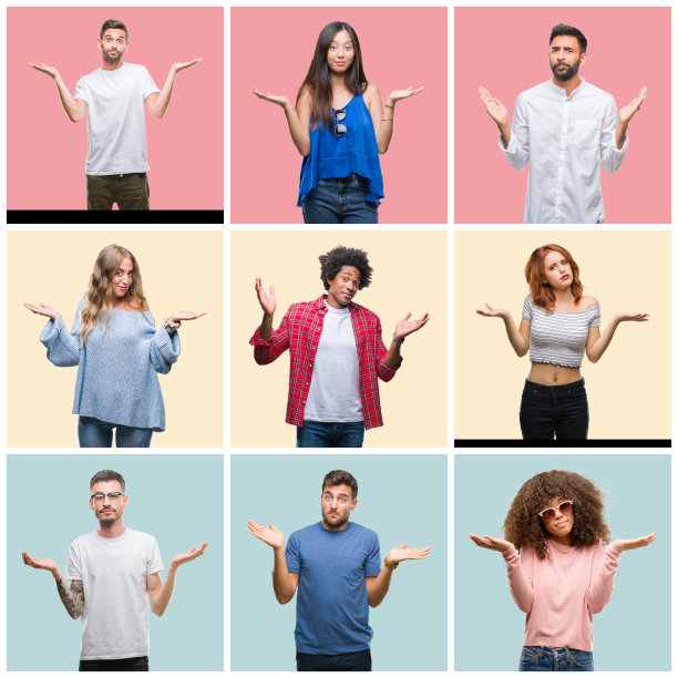 拼贴的一群年轻人的女人和男人在五颜六色的孤立的背景下，愚蠢和困惑的表情与手臂和手举起。怀疑的概念。图片下载