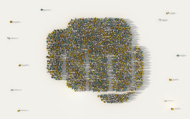 在白色背景下的社交媒体和社区概念中，一大群人形成了用拳头或出拳的手符号。人群图的3d符号从上面聚集在一起图片下载