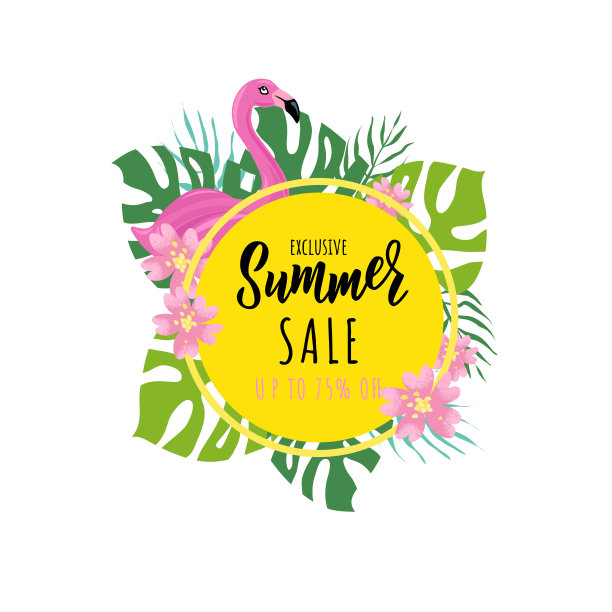 印有粉红色火烈鸟的夏季促销横幅。手字母文字。季节假期，周末，假日标志。图片下载