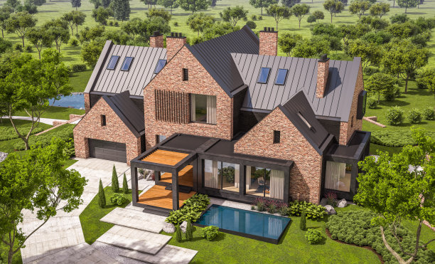 带有水池的现代熟料房的3d渲染图片下载