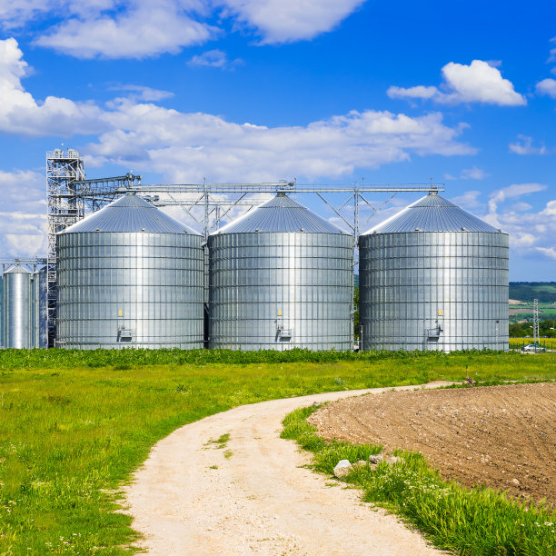景观。明亮的自然。电梯。在蓝天和体积云的背景中，用于储存谷物的大型铝容器图片下载