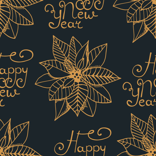 圣诞无缝花纹手写一品红新年快乐，大红花美丽动人图片下载