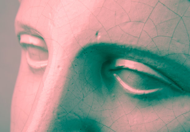 近脸石膏仿古雕塑与鹤纹。红绿复古滤镜效果。图片下载