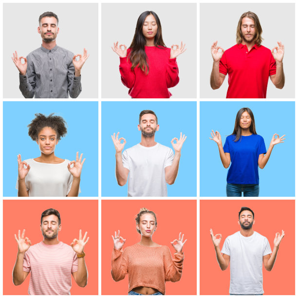 一群年轻人在五彩斑斓的孤立背景上放松和微笑，闭上眼睛做冥想手势与手指。瑜伽的概念。图片下载