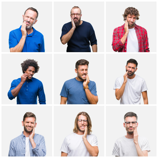 在白色孤立的背景下的一组男人的拼贴，用手触摸嘴，因为牙痛或牙齿疾病的痛苦表情。牙医的概念。图片下载