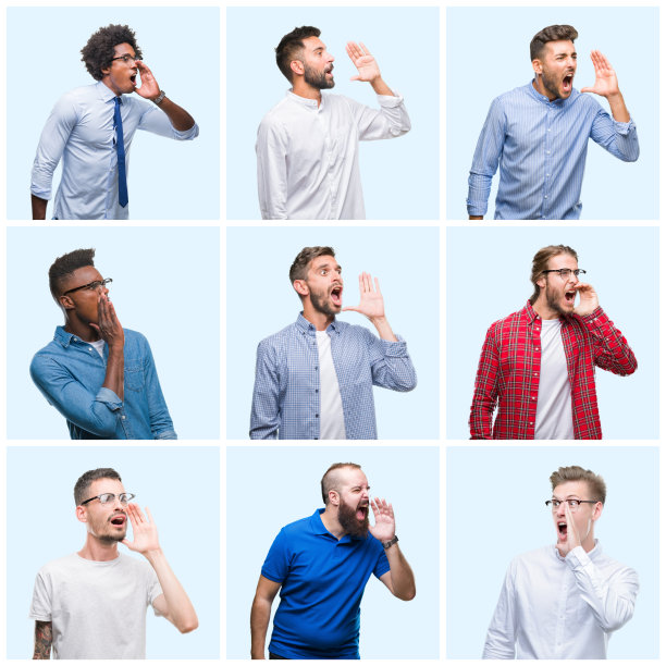 拼贴的一群商业和休闲的男人在孤立的背景大喊大叫，大声尖叫到一边与手在嘴上。通信的概念。图片下载
