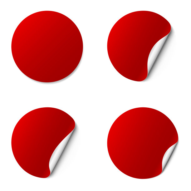 一套有折边的红色圆形不干胶贴纸，孤立在白色背景上。图片下载