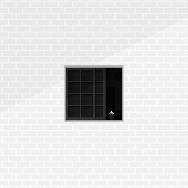 安静的房间从窗户外看到单色极简的插图概念。半开方形窗，花盆和干净的白色砖墙背景矢量设计。图片下载