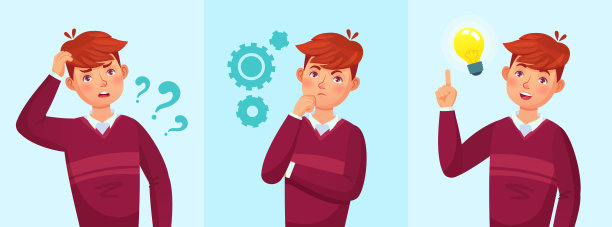 青少年的想法。有思想的学生，少年男孩想法或大学生男孩解决问题矢量卡通插图图片下载