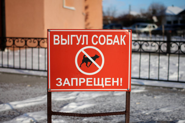 在院子里安装了禁止在草坪上遛狗的红色标志图片下载