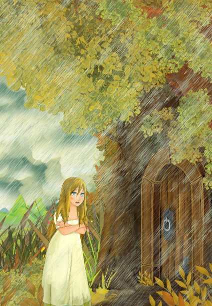 一个小女孩住在树屋里，鼹鼠来拜访的卡通童话场景图片下载