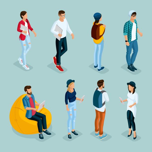 时尚的等距青年创意人士，1集时尚服装与现代发型。自由职业者，学生，孤立的潮人。矢量图图片下载