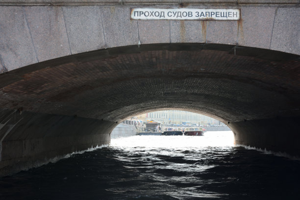 从水上俯瞰一座带有俄罗斯“禁止船只通行”警告标志的拱桥图片下载