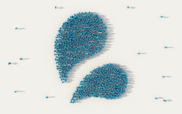 一大群人在白色背景上形成了社交媒体和社区概念中的蓝色水滴符号。人群图的3d符号从上面聚集在一起图片下载