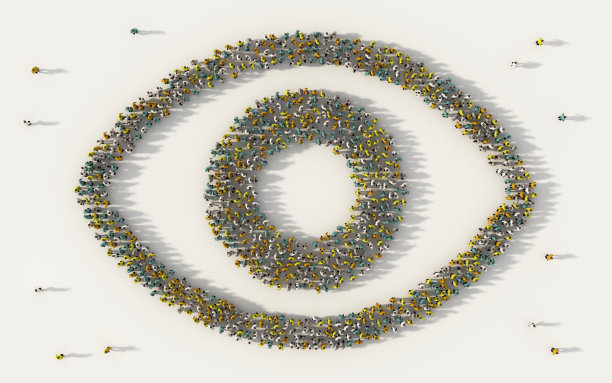 一大群人在白色背景上形成社交媒体和社区概念中的眼睛图标。人群图的3d符号从上面聚集在一起图片下载