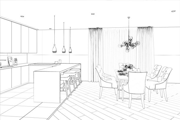 3 d演示。现代餐厅草图图片下载