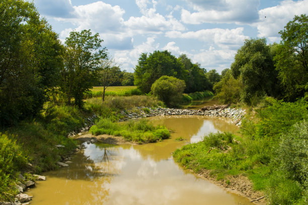 观拉伯河，拉巴河与云倒影。河流景观。下奥地利州。布尔根兰。欧洲中部。图片下载