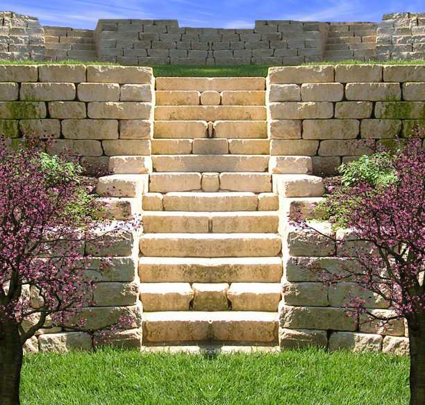 石头砖白色楼梯，周围有树和草图片下载