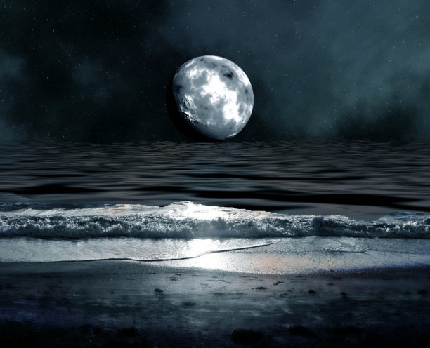 夜晚在海洋中月光的插图图片下载