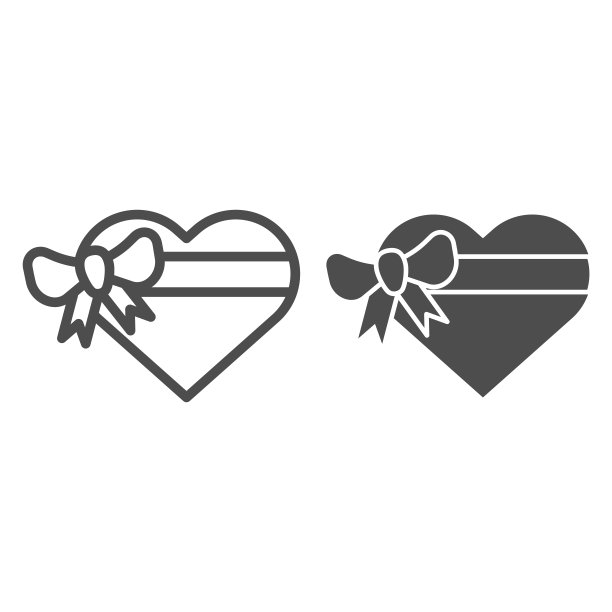 心形礼盒与弓线和字形图标。爱现在矢量插图孤立在白色。情人节礼物大纲风格设计，专为网页和应用设计。Eps 10。图片下载