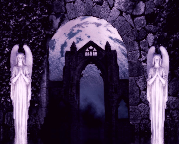 一个可怕的入口和欢迎雕像的插图在一个黑暗的穆迪的地方图片下载