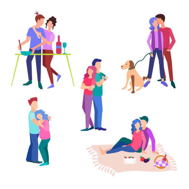 夫妻带着狗散步，忙着做饭，在野餐，拥抱，等待孩子。图片下载