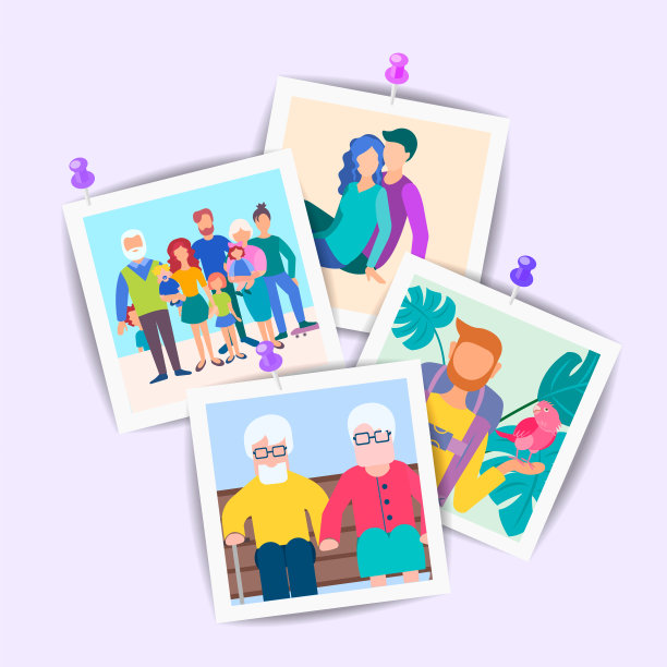 矢量组的照片，老人和年轻的亲戚和朋友钉在墙上。图片下载