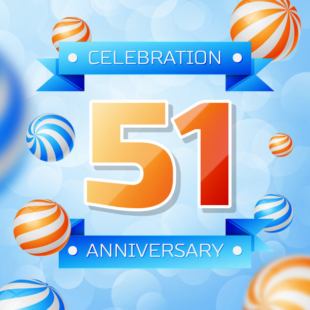 现实的五十周年庆典设计横幅。金色数字和蓝色丝带，蓝色背景的气球。多彩的矢量模板元素为您的生日聚会图片下载