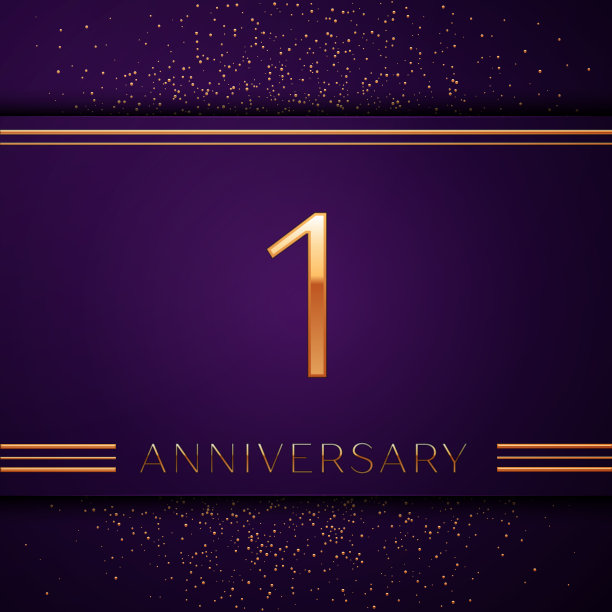 现实的一周年庆典设计横幅。金色号码和紫色背景上的五彩纸屑。多彩的矢量模板元素为您的生日聚会图片下载