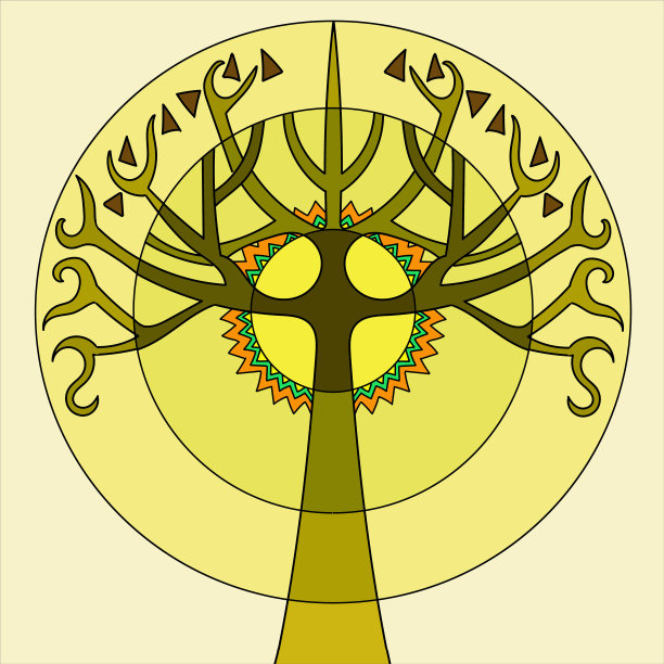程式化的树在民族风格与太阳图片下载