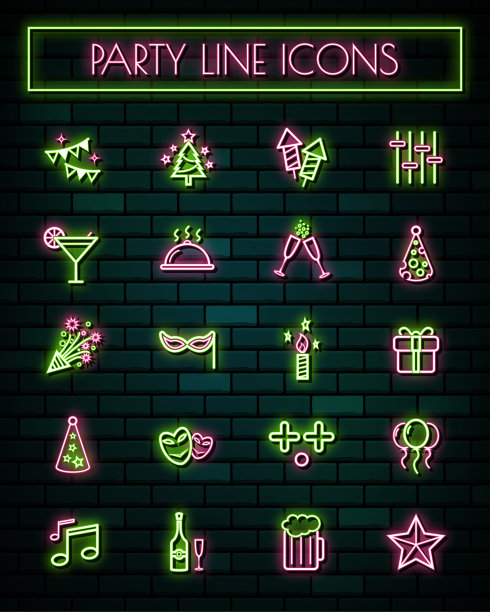 党薄霓虹发光线图标设置。矢量插图。图片下载