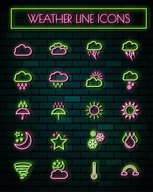 天气标志薄霓虹发光线图标集。矢量插图。图片下载