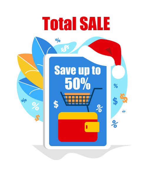 巨大的智能手机与圣诞老人帽顶部，总销售图片下载