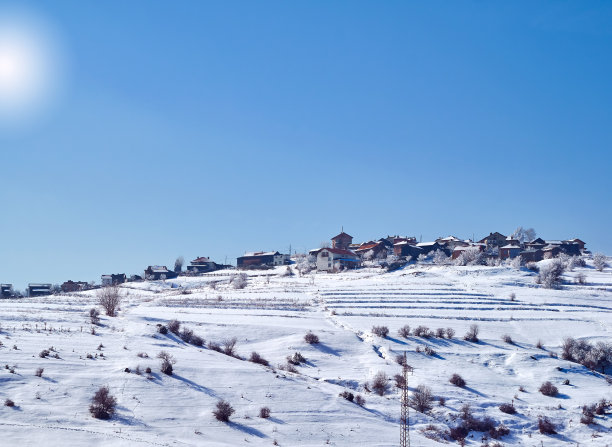 冬天的照片。群山映衬着蓝天白云。松树林图片下载