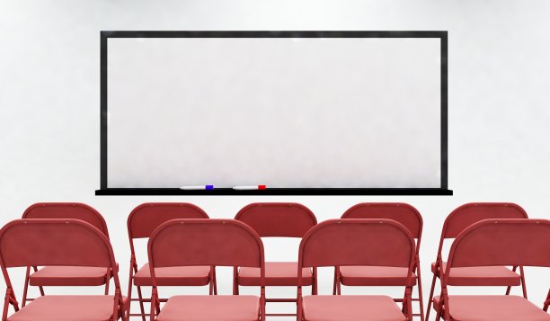 空教室与椅子和大干净的白板3D渲染图片下载