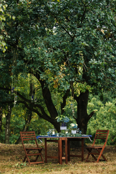 装饰。细节。婚礼装饰。在树林里的木桌上摆放着一幅鲜花，上面有蓝色、白色、绿色的鲜花和绿叶植物，蜡烛，小雕像，玻璃器皿，餐具。特写照片图片下载