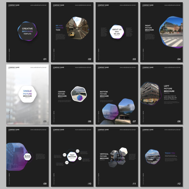 最小的小册子模板与六角形和六角形的元素在黑色的背景。封面设计模板的传单，传单，小册子，报告，演示，广告，杂志。图片下载