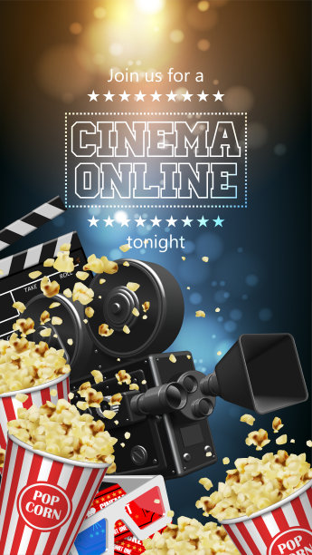 电影行业的插图。爆米花，照相机，眼镜，票和挡板。三维向量。高细节逼真的插图图片下载