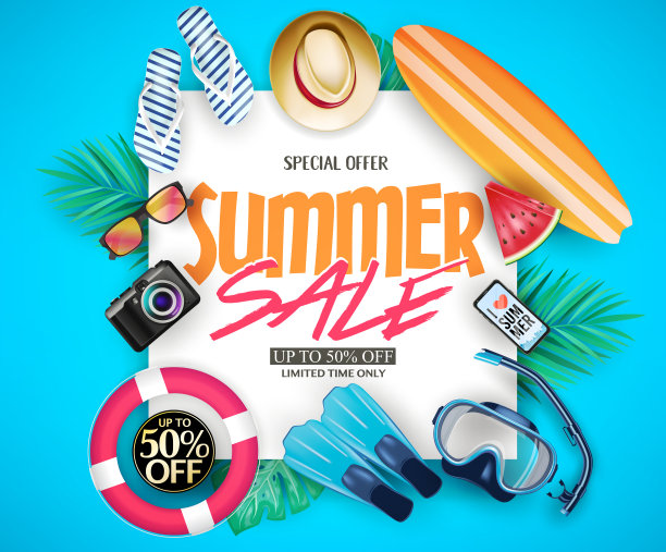 夏季销售促销海报创意矢量设计高达50%的折扣与热带树叶，冲浪板，面具，通气管图片下载