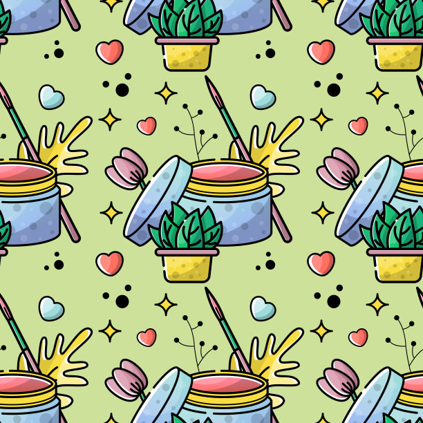 一家美甲沙龙。美甲和指甲的工具和配件。矢量平面颜色无缝模式在线性风格。图片下载