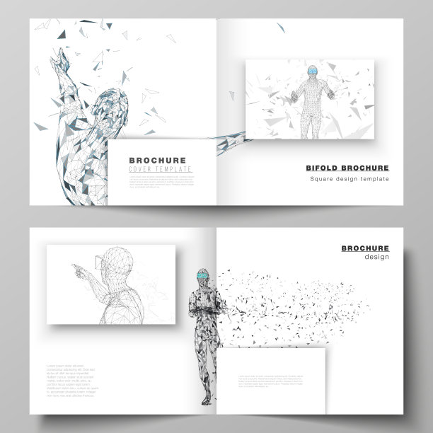矢量插图的可编辑布局的两个封面模板为方形设计双折小册子，杂志，传单。戴着虚拟现实眼镜的人。虚拟现实，未来技术概念。图片下载