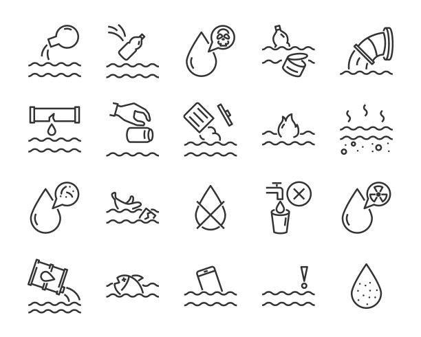 设置水污染图标，如，污染，肮脏，垃圾桶，塑料，工业废物，世界水日，废物图片下载