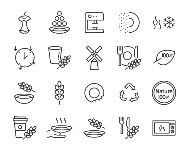 一套麦麸餐具图标，如工艺，碗，咬，产品，自然，盘由麦麸制成图片下载