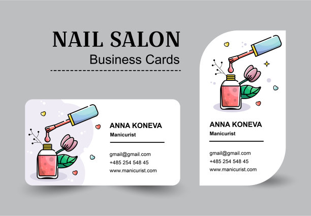 矢量平面的一套名片为美甲沙龙在一个线性的风格。修指甲工具，带有植物元素的指甲油。图片下载
