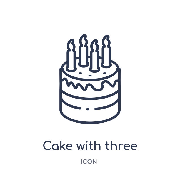 蛋糕与三个蜡烛的图标，从党的大纲收集。细线蛋糕与三个蜡烛的图标孤立在白色的背景。图片下载