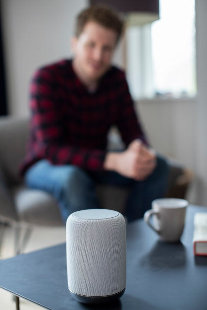 男士在家休息室问数字助理问题图片下载