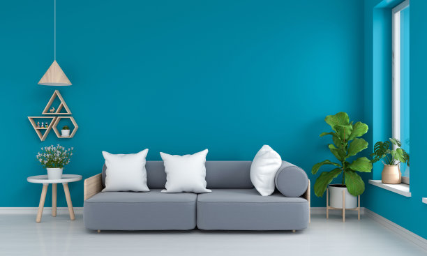 蓝色客厅的灰色沙发和桌子，3D渲染图片下载