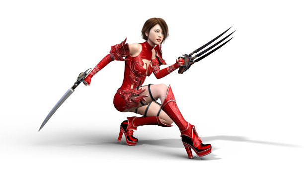 亚洲战士公主与爪刃蹲伏，幻想战士女孩在战斗盔甲持有大镰刀刃，孤立的白色，3D渲染图片下载